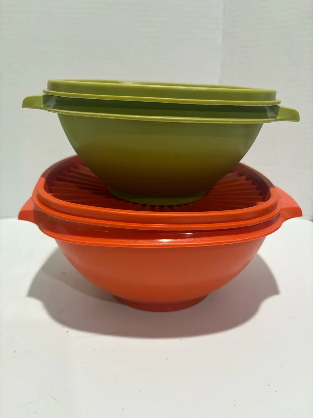 Stackable Olive Green and Orange Mixing Bowls with Lids - Tupperware